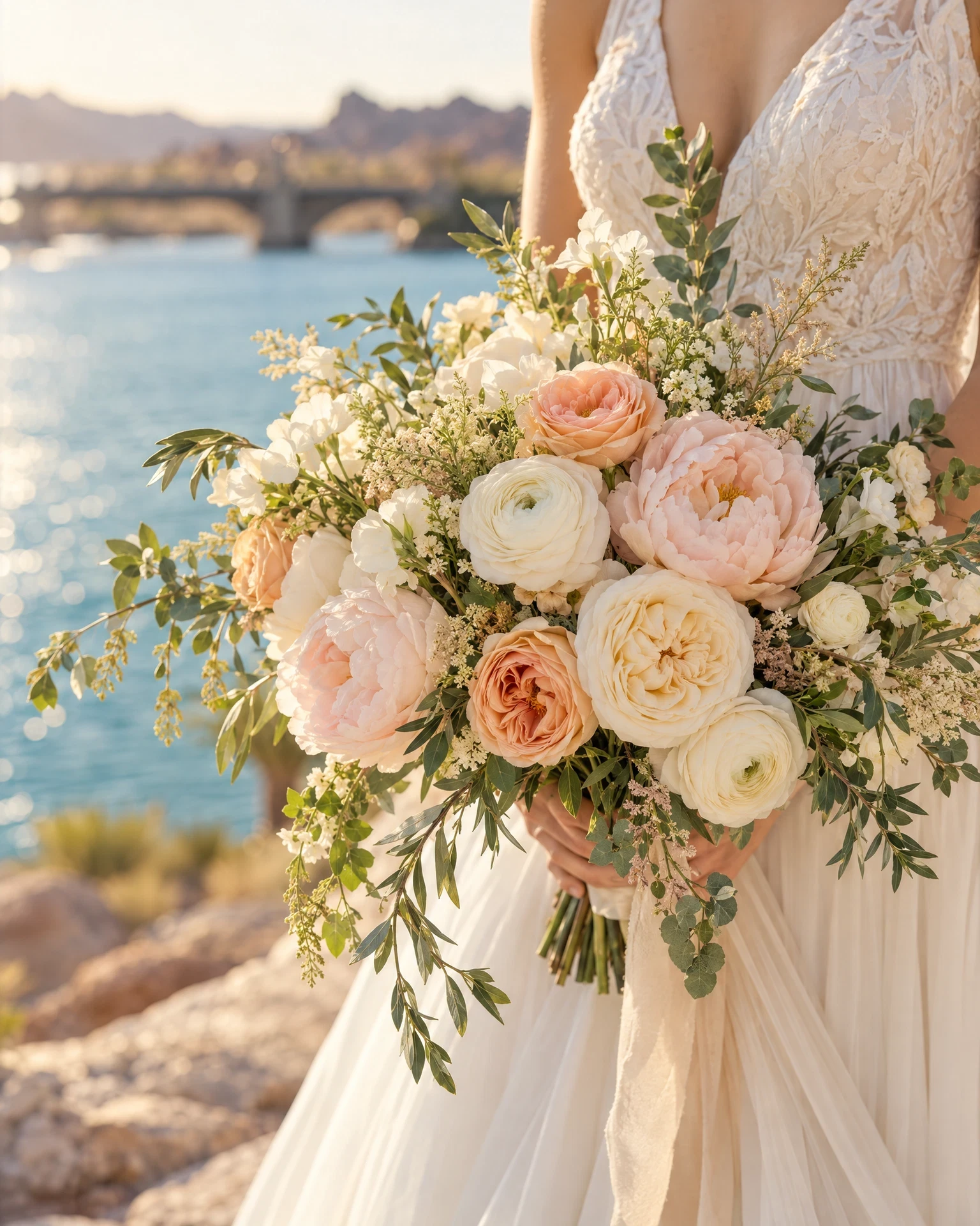 A bride holds a bouquet of peach and ivory peonies and roses beside the lake, with London Bridge softly blurred behind her