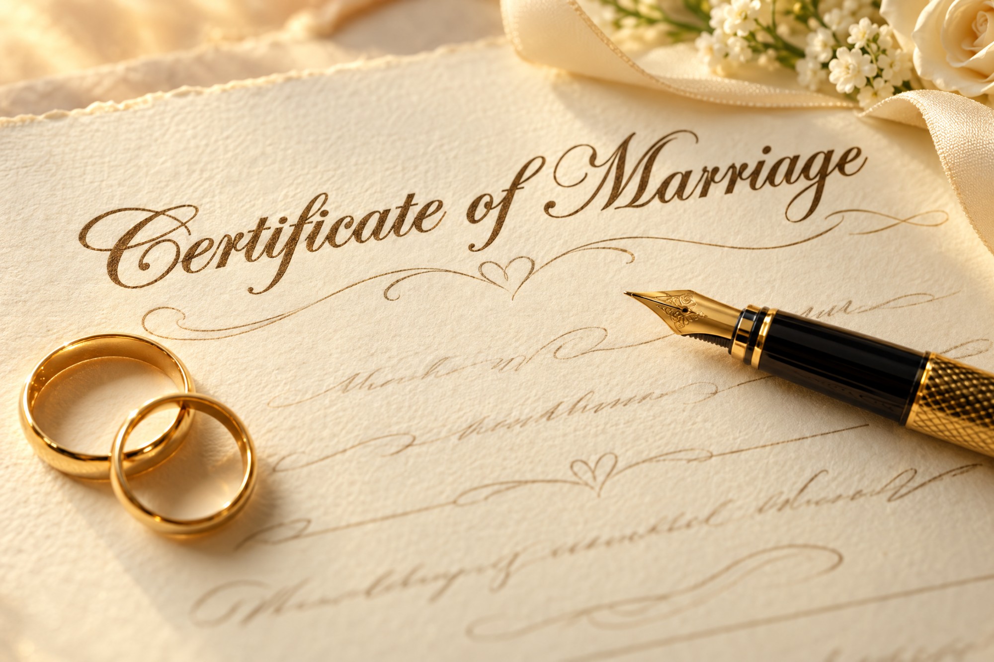 Two gold wedding bands and a fountain pen resting on a keepsake marriage certificate