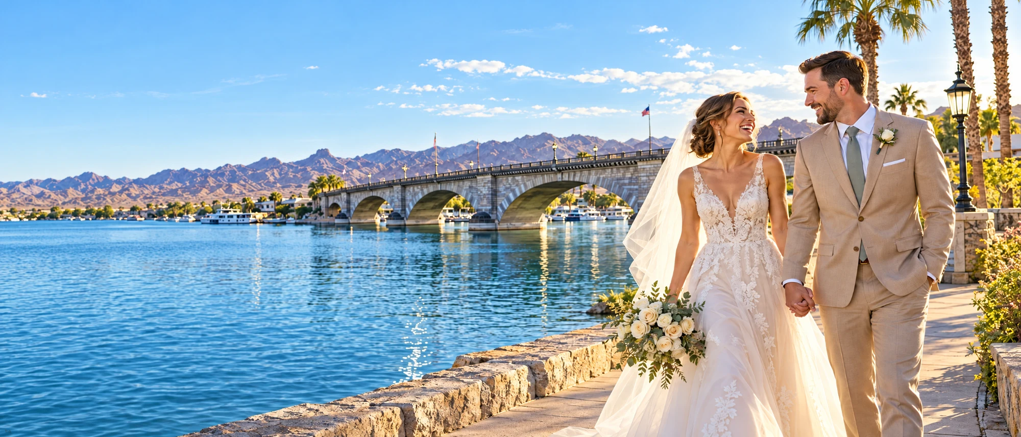 A bride and groom walk hand in hand, laughing, along the waterfront beside London Bridge in Lake Havasu City
